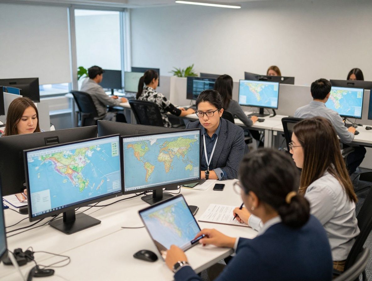 Команда аналитиков за рабочими столами в современном офисе в Далласе, изучают карты морских маршрутов на больших мониторах