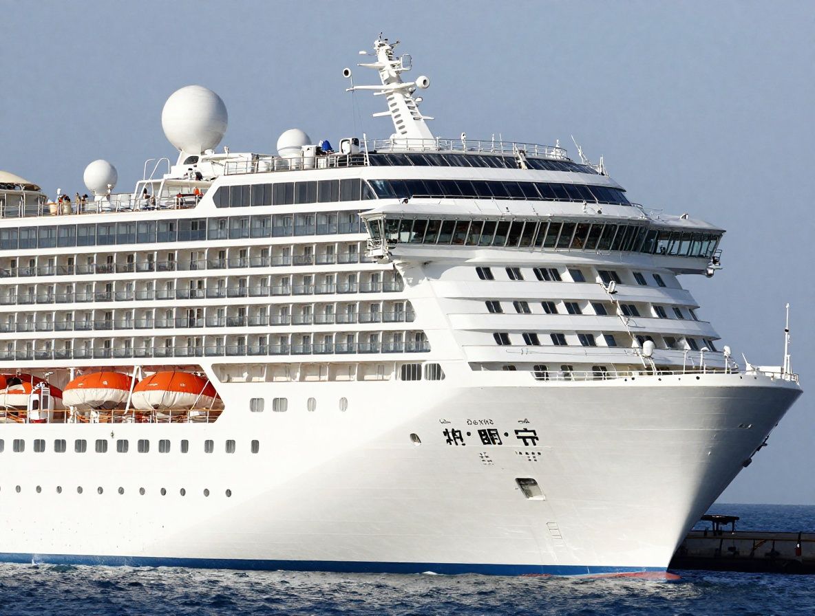 Вечерняя иллюминация круизного лайнера класса Oasis в порту Майами с небоскрёбами на заднем плане