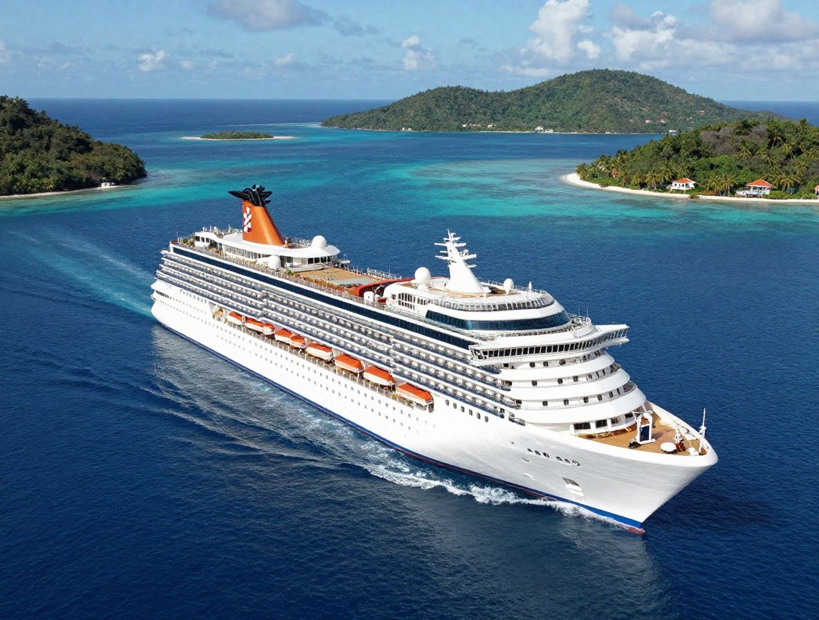 Вид сверху на круизный лайнер в синем океане, вокруг острова и маленькие тропические атоллы