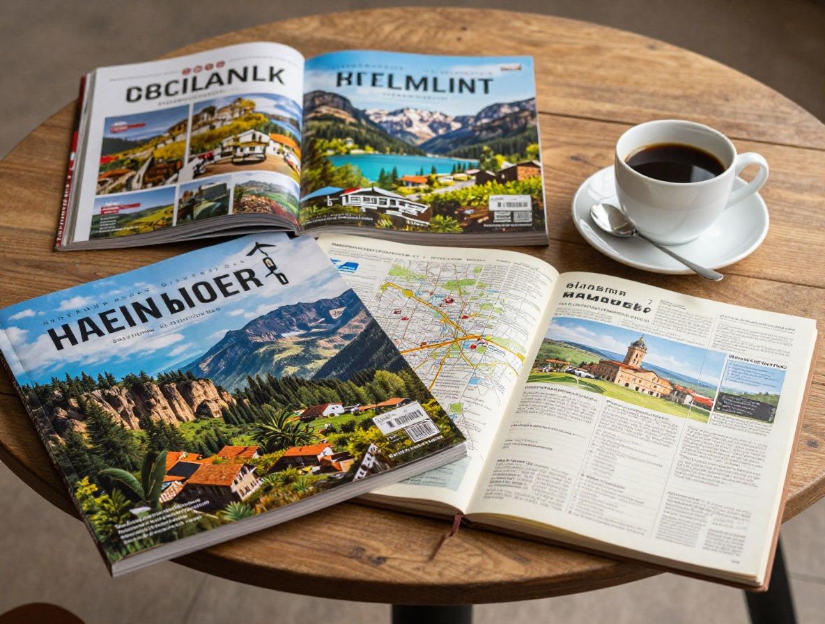 Стопки туристических журналов и карты на деревянном столе рядом с чашкой кофе и записной книжкой путешественника