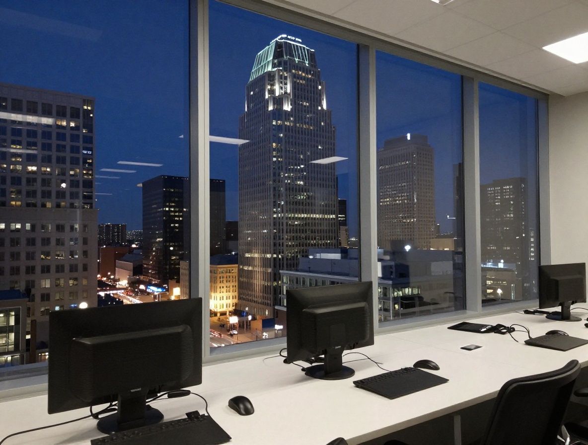 Современный деловой офис с большими окнами и панорамным видом на ночной Даллас с небоскрёбами
