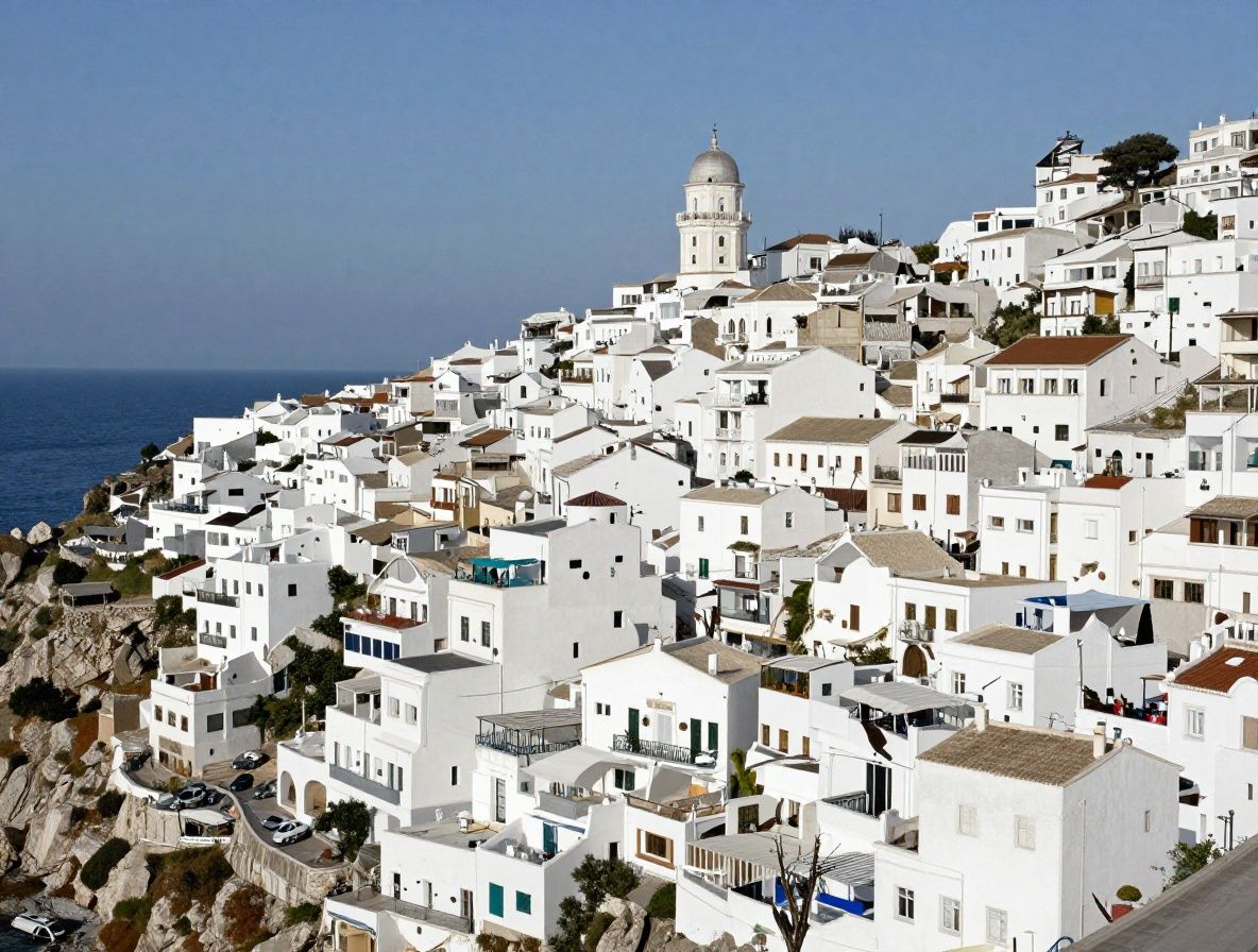 Средиземноморский портовый город с белыми домами на скалистом берегу и яхтами в бухте