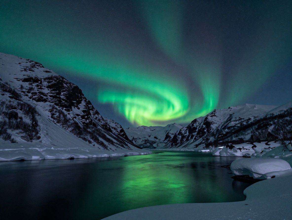 Дикая природа Аляски: полярные сияния над снежными горами и тёмным фьордом