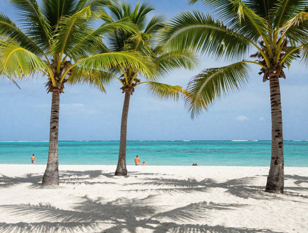 Тропический пляж с пальмами, белым песком и кристально чистой водой в Карибском море