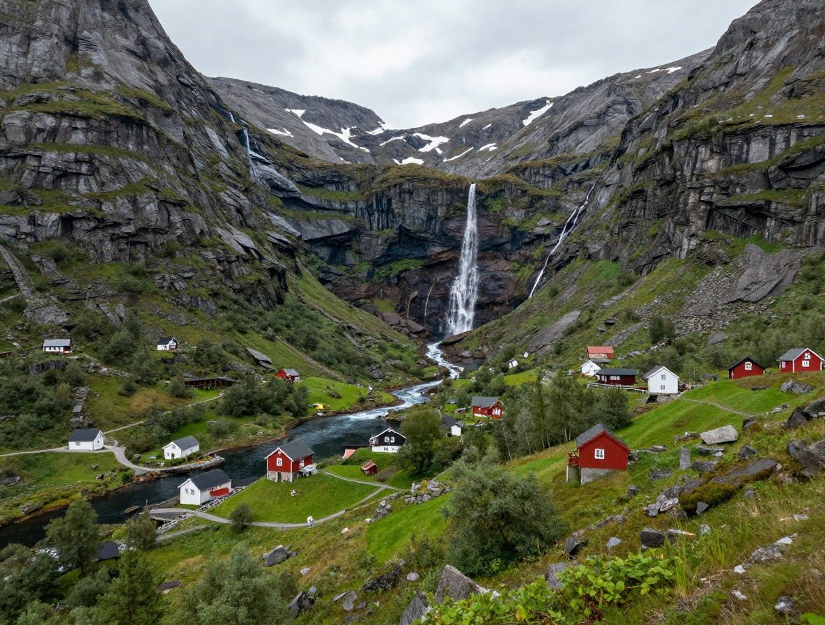 Скандинавский фьорд с зелёными склонами, водопадами и небольшим норвежским посёлком на берегу