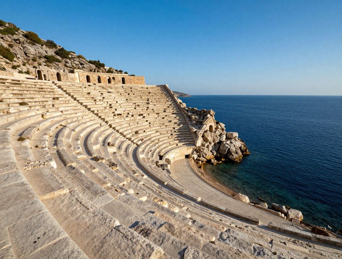 Античный амфитеатр на скале над Средиземным морем, старинный греческий остров на рассвете