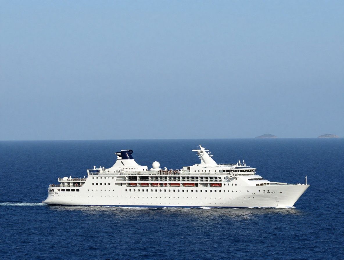 Огромный белоснежный круизный лайнер в открытом океане на закате, виднеется побережье вдали