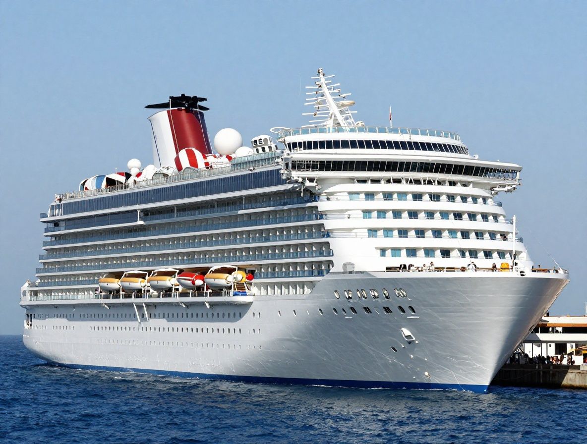 Гигантский круизный лайнер Symphony of the Seas в порту Барселоны — белый корпус, многоярусные палубы с бассейнами и водными горками