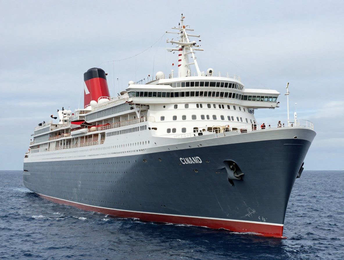 Элегантный белый круизный лайнер Queen Mary 2 Cunard Line в открытом Атлантическом океане, вид с воздуха