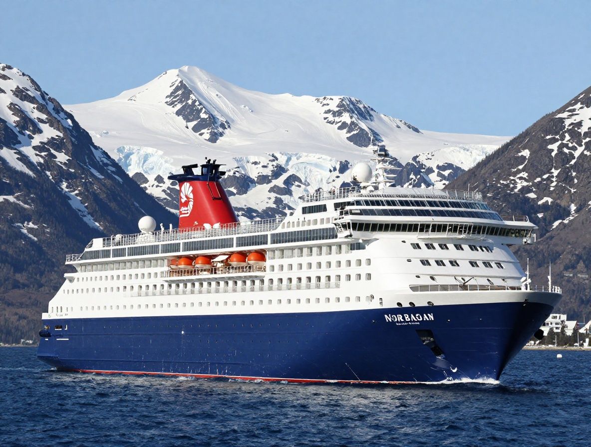 Современный круизный лайнер Norwegian Bliss класса Breakaway на фоне ледников Аляски и горных вершин