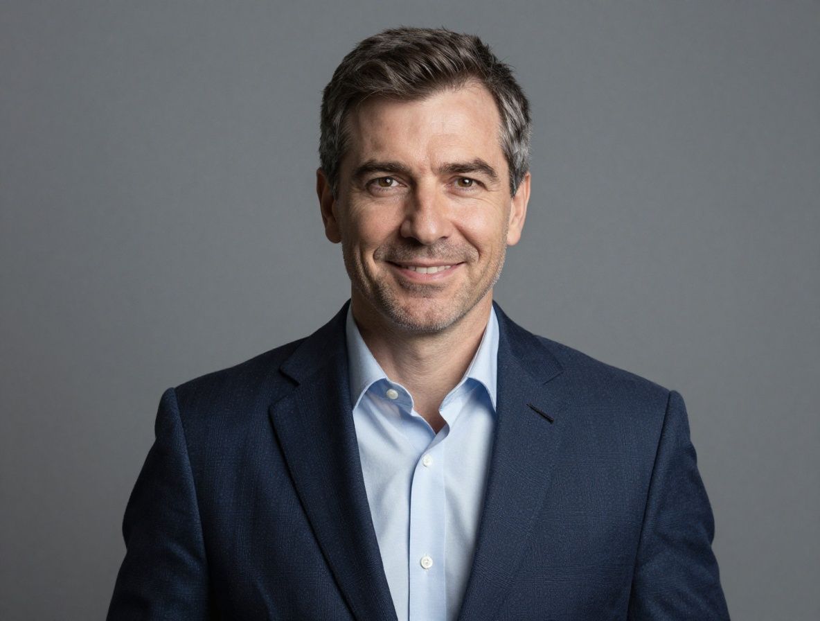 Портрет улыбающегося мужчины средних лет в деловой рубашке, главного редактора аналитического ресурса