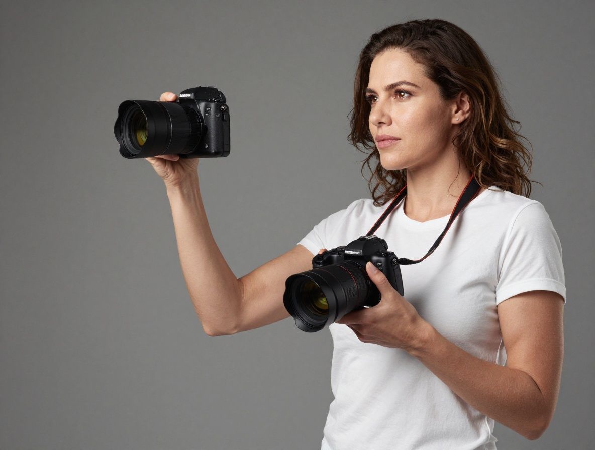 Портрет женщины в спортивном стиле с фотоаппаратом на шее, ответственной за визуальный контент и фоторепортажи
