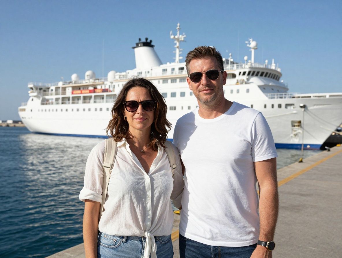 Пара туристов с чемоданами на причале морского порта рядом с большим белым круизным лайнером в солнечный день